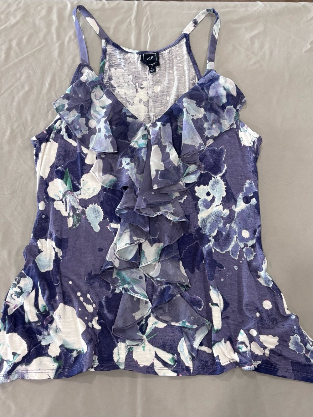 1.9 One Nine Womens L Floral Ruffle Tank Top Sharkbite Hem Blue Purple